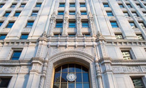 Chicago, USA - July 8, 2014: Chicago's famous Wrigley Building on Michigan Ave on a hot summer's day